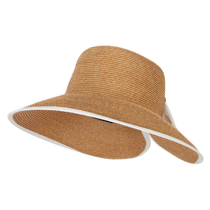 Women's Paper Braid Bow Accented V-Cut Split Wide Brim Bucket Hat