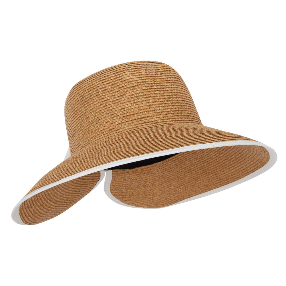 Women's Paper Braid Bow Accented V-Cut Split Wide Brim Bucket Hat